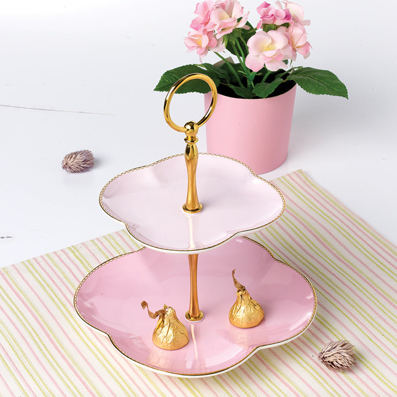 ‘Lucky Four-leaf Clover’ 2-Tier Ceramic Cake Stand (Pink)